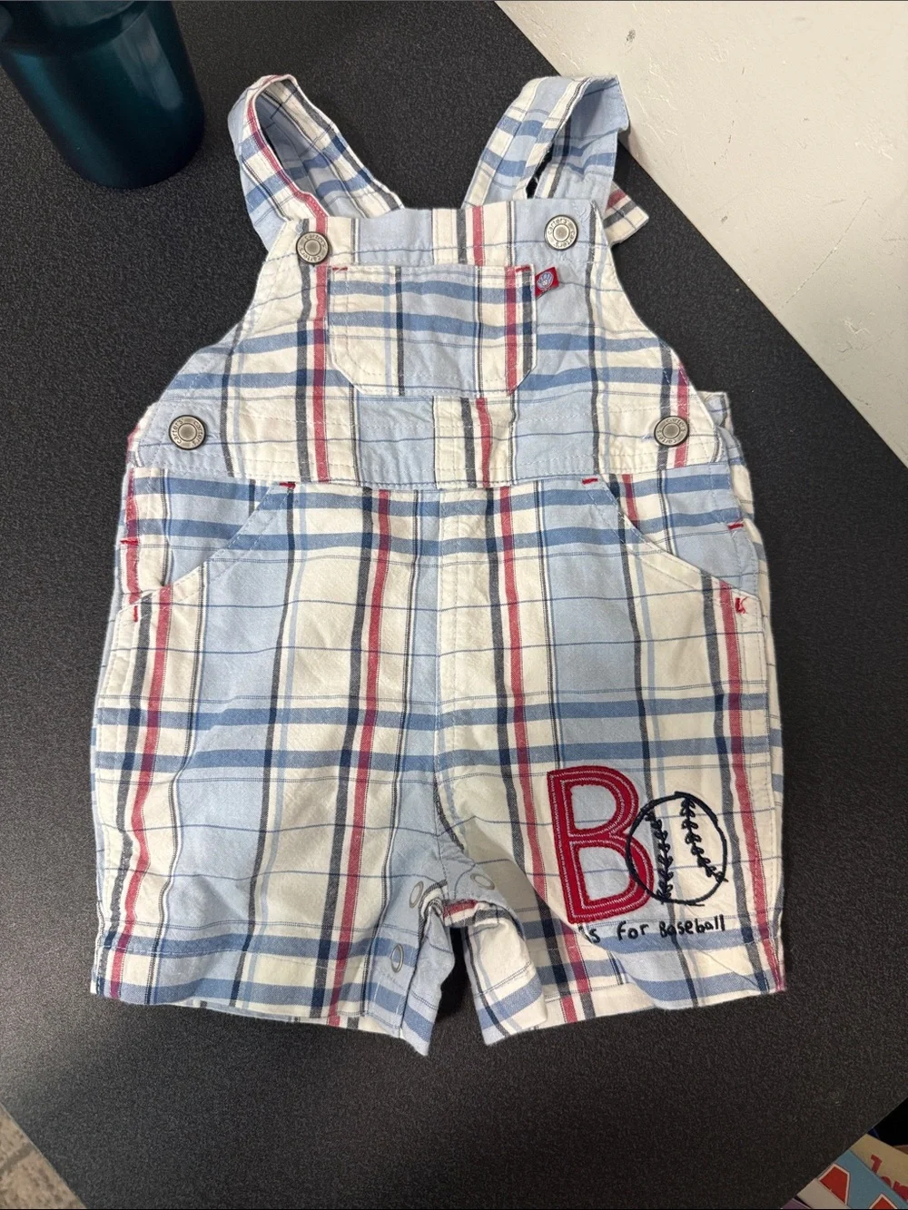Carter's Light Blue, White & Red Plaid Short Overalls